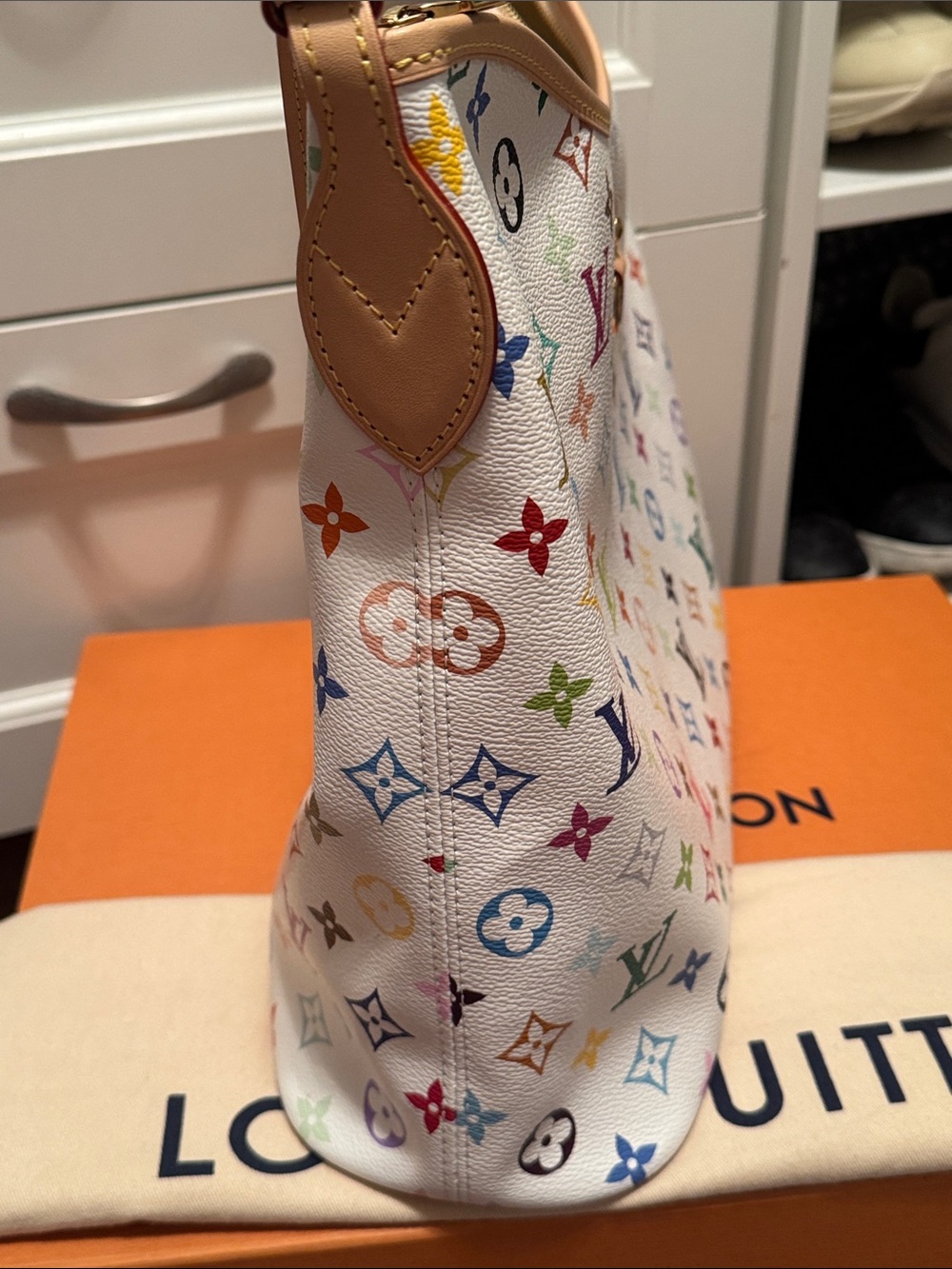 Louis Vuitton White Multicolor Monogram Shoulder Bag with Natural Leather Trim - Picture 8 of 9